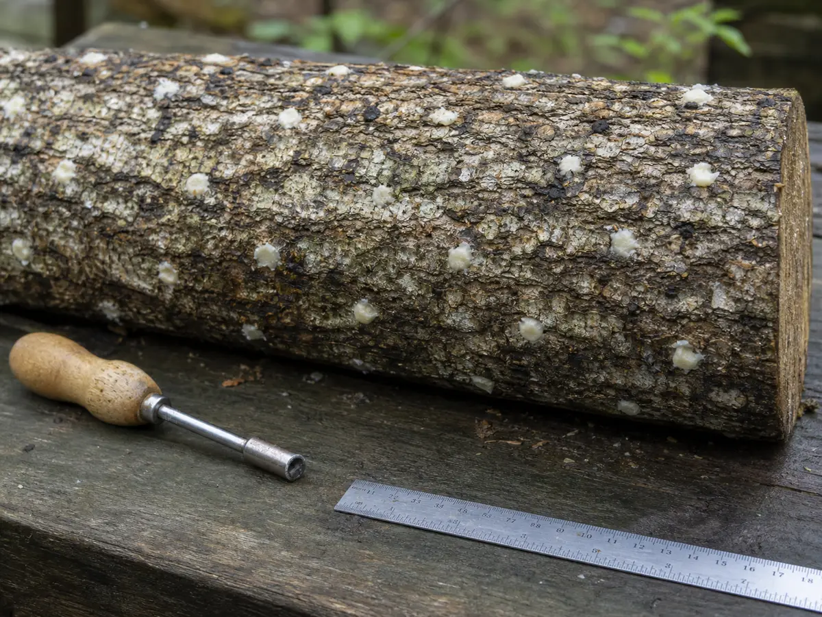 Wax-sealed inoculation holes spaced across a hardwood log beside a ruler and inoculation tool - growing shiitake on logs