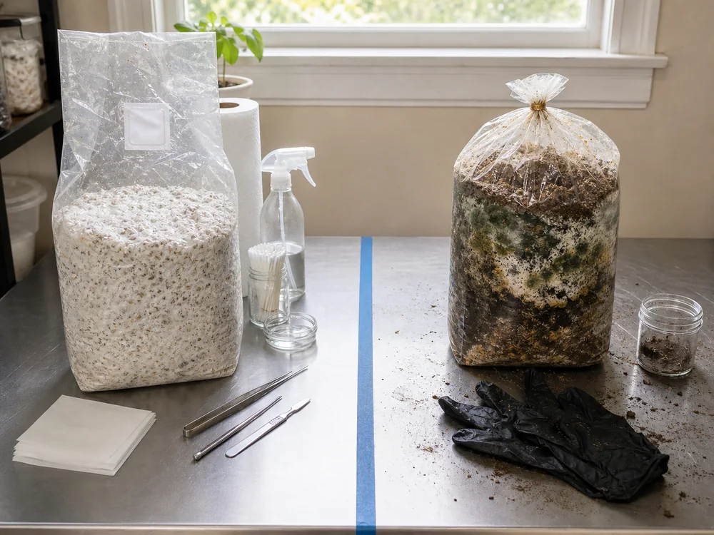 Clean mushroom grow setup separated from a failed grow bag - mushroom grow contamination