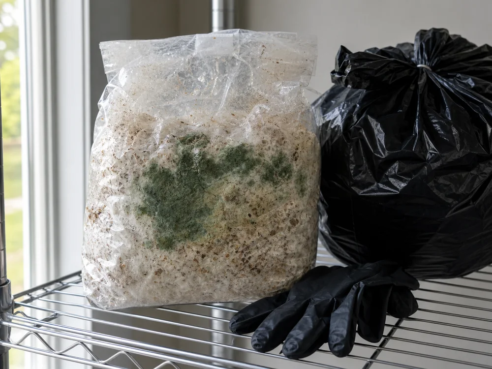 Green mold patch on a sealed grow bag beside disposal gloves - mushroom grow contamination