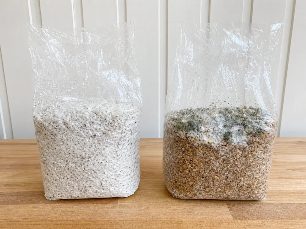 Clean white mycelium beside suspect mold growth - mushroom grow contamination