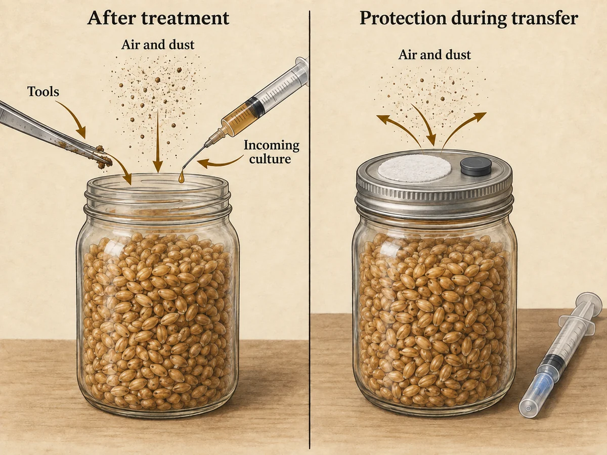 Comparison of exposed treated grain and a filtered closed vessel beside a capped transfer syringe
