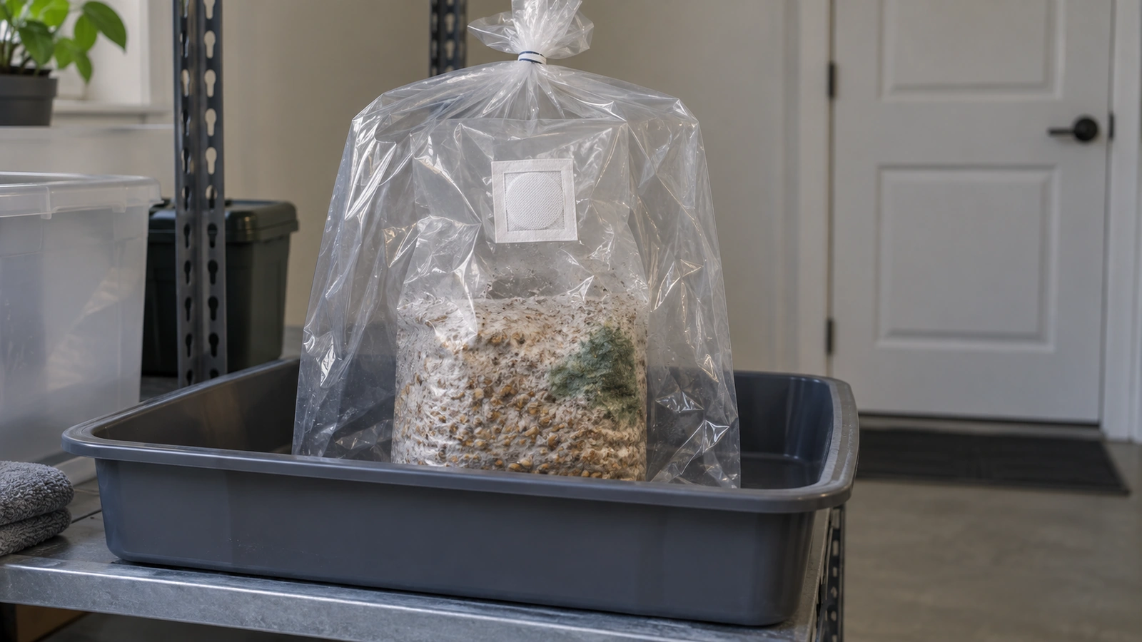 Closed suspect grow bag contained in a utility room away from clean inoculation work