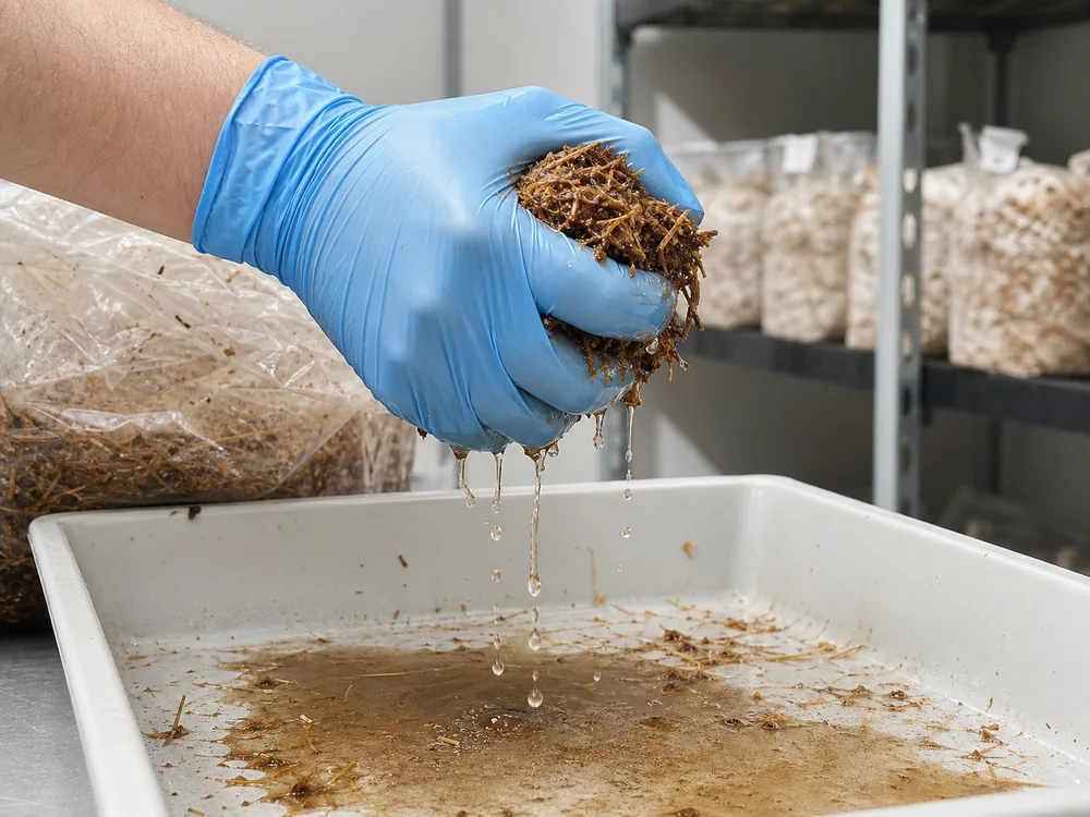 Water dripping from over-wet straw substrate - mushroom grow contamination