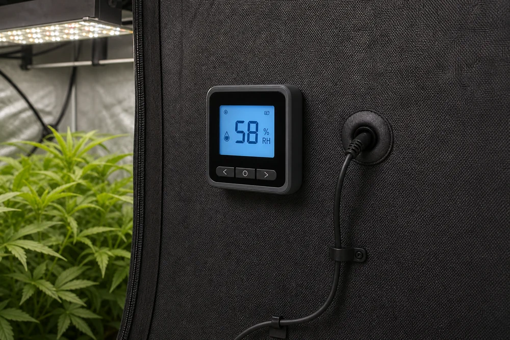 A small digital humidity controller mounted on the outside of a grow tent with its display lit and a sensor probe cable running in through a port