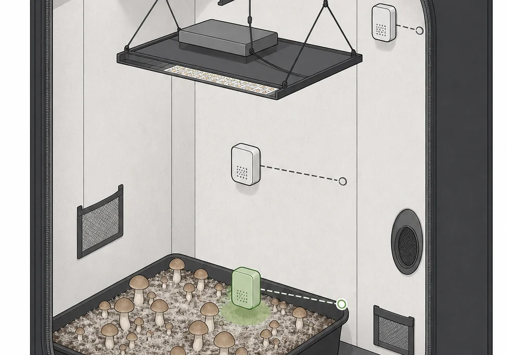 An isometric cross-section diagram of a grow tent showing three possible sensor positions, one high on the wall, one mid-air and one just above the fruiting surface, with the lowest highlighted
