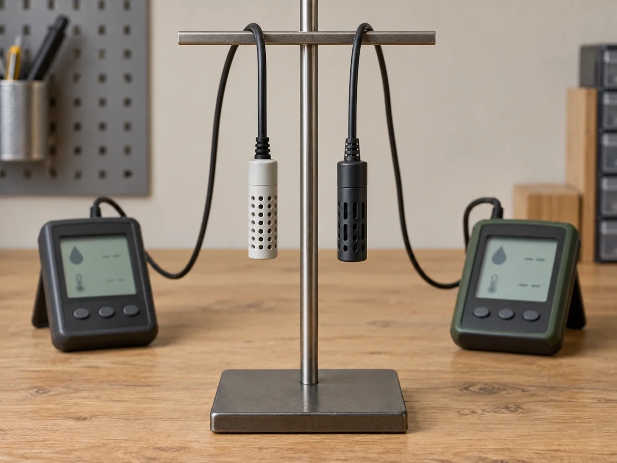 Two separate humidity probes positioned beside each other in open air above a dry workbench