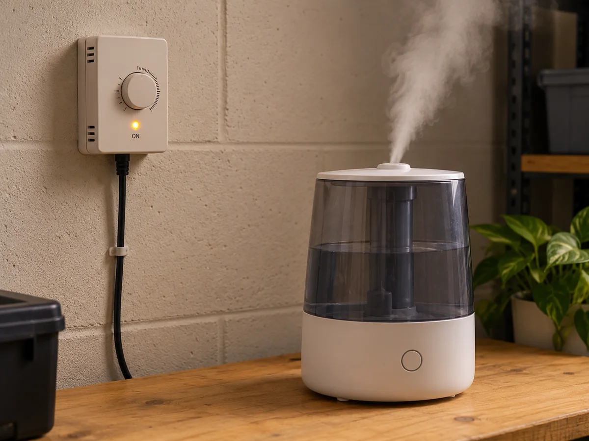 Dry controller with its humidification indicator lit beside a humidifier releasing mist from its outlet