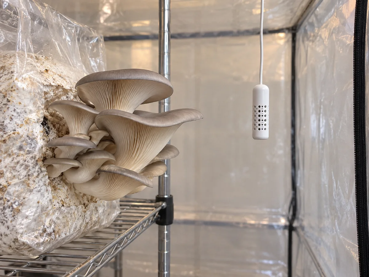 A humidity probe suspended in open air beside an oyster cluster, clear of the bag and tent wall