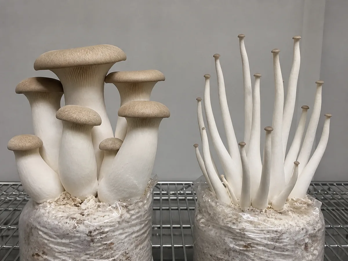 Balanced king oyster fruit bodies beside a stretched stale-air cluster