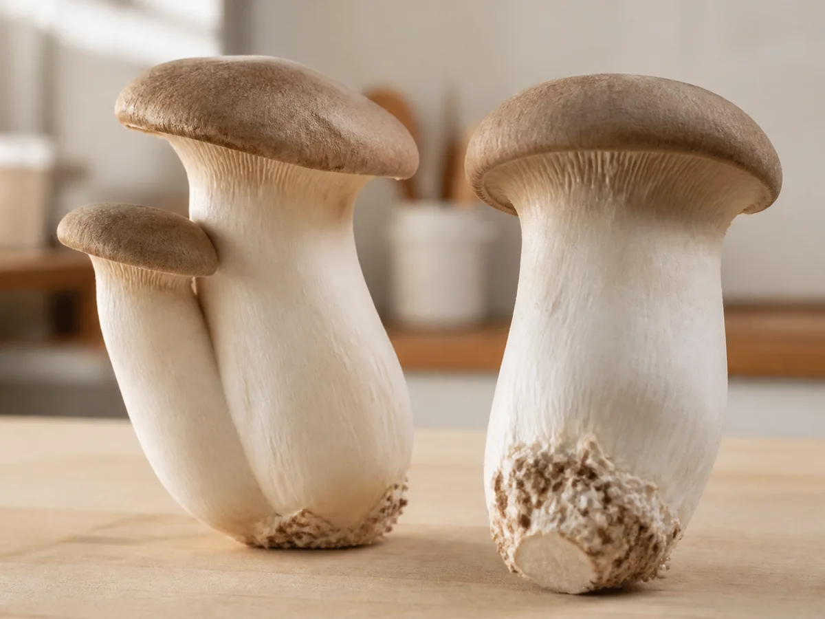 Mature king oyster mushrooms with thick firm stems and gently curved brown caps on a clean harvest surface
