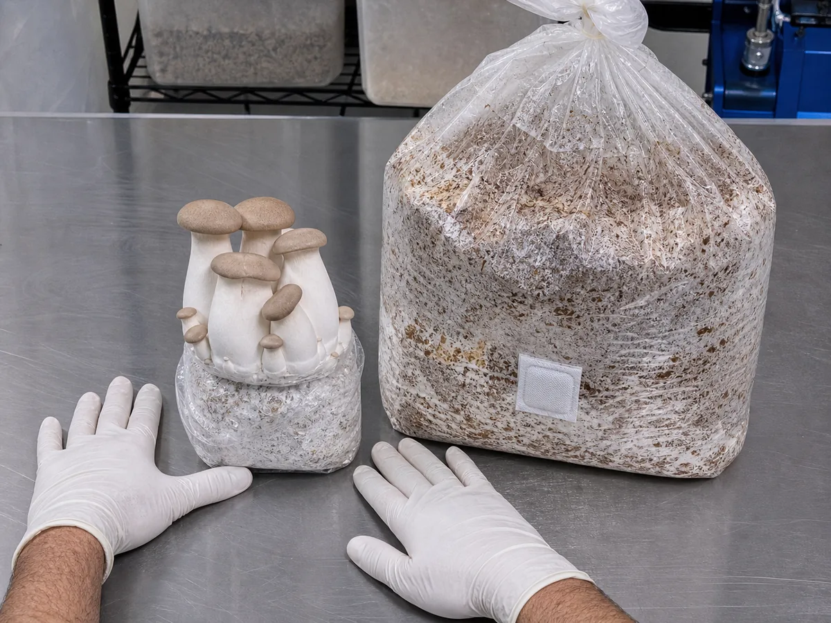 Ready-to-fruit king oyster block and a full-cycle filter bag beside gloved hands