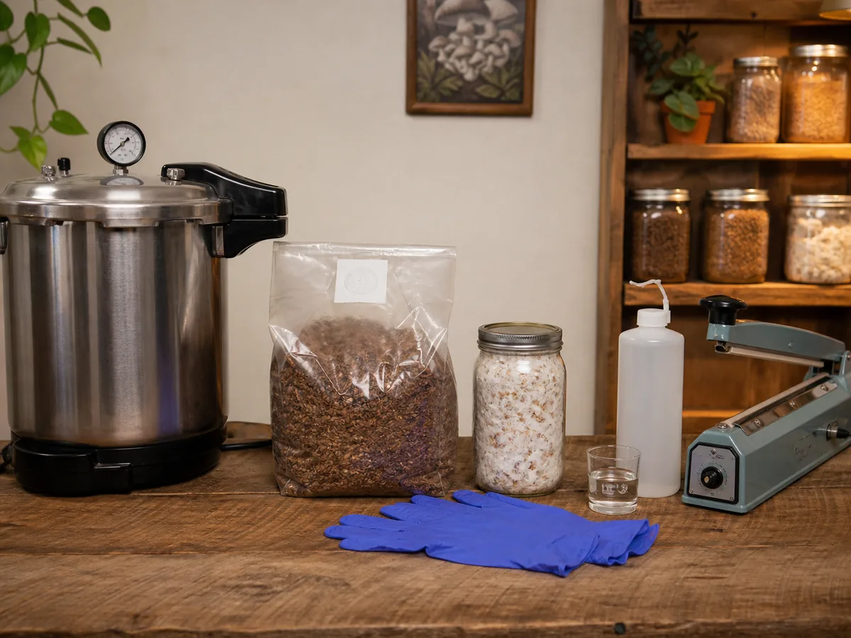 Pressure canner, cooled filter bag, grain spawn, gloves, alcohol, and sealer arranged for king oyster inoculation