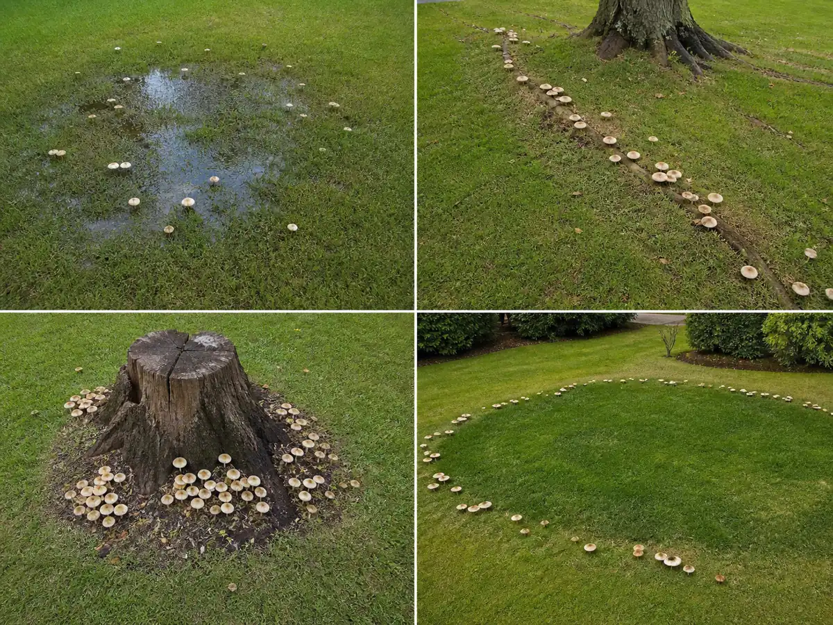 Four-panel lawn comparison showing a wet low spot, thick thatch, a buried root line, and an overwatered shaded patch