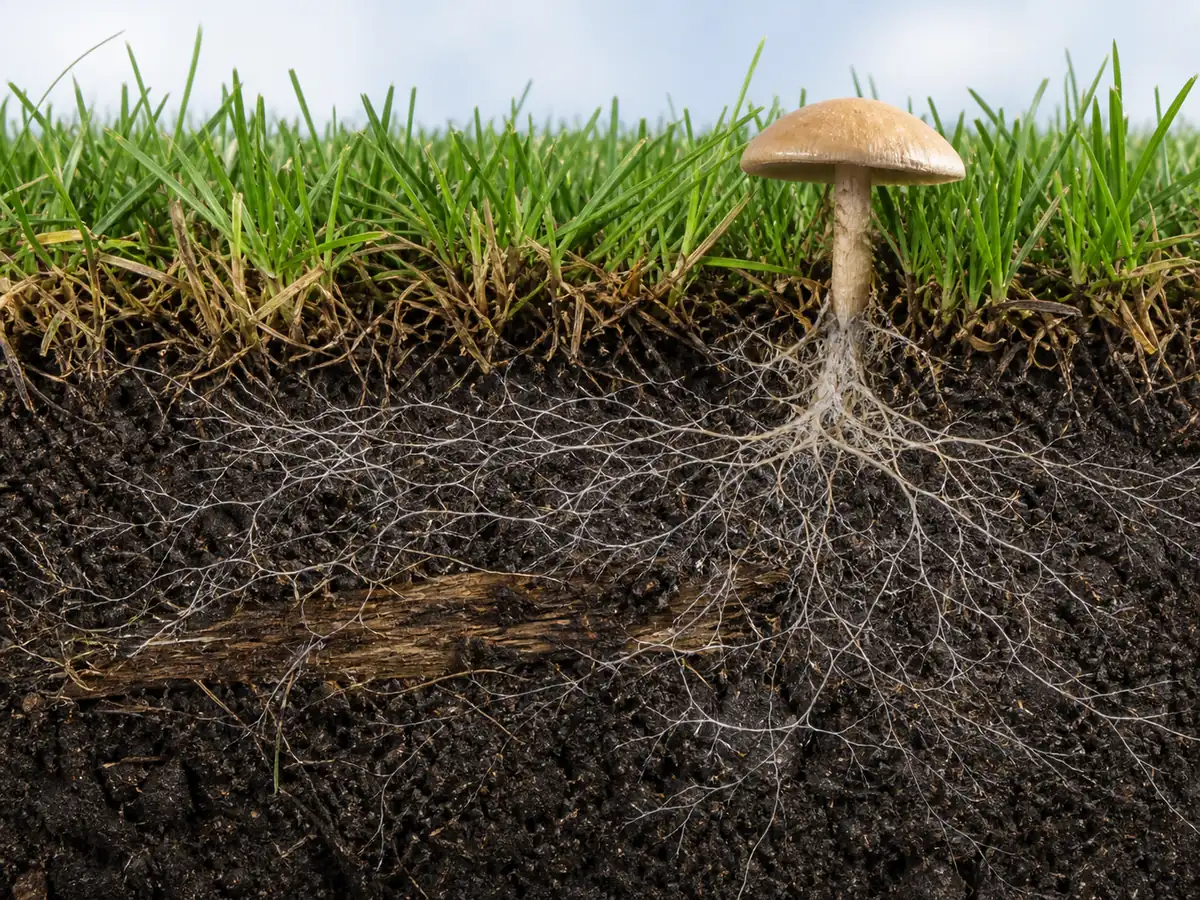 Turf and soil cutaway showing short-lived mushroom caps above mycelium spreading through thatch and a buried tree root