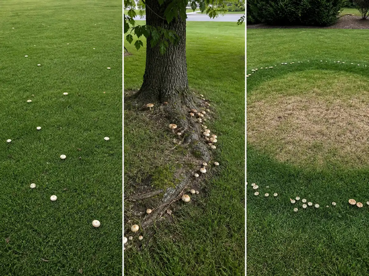 Three yard-scale patterns comparing scattered lawn mushrooms, a root-line cluster near a tree, and a complete fairy ring with stressed turf