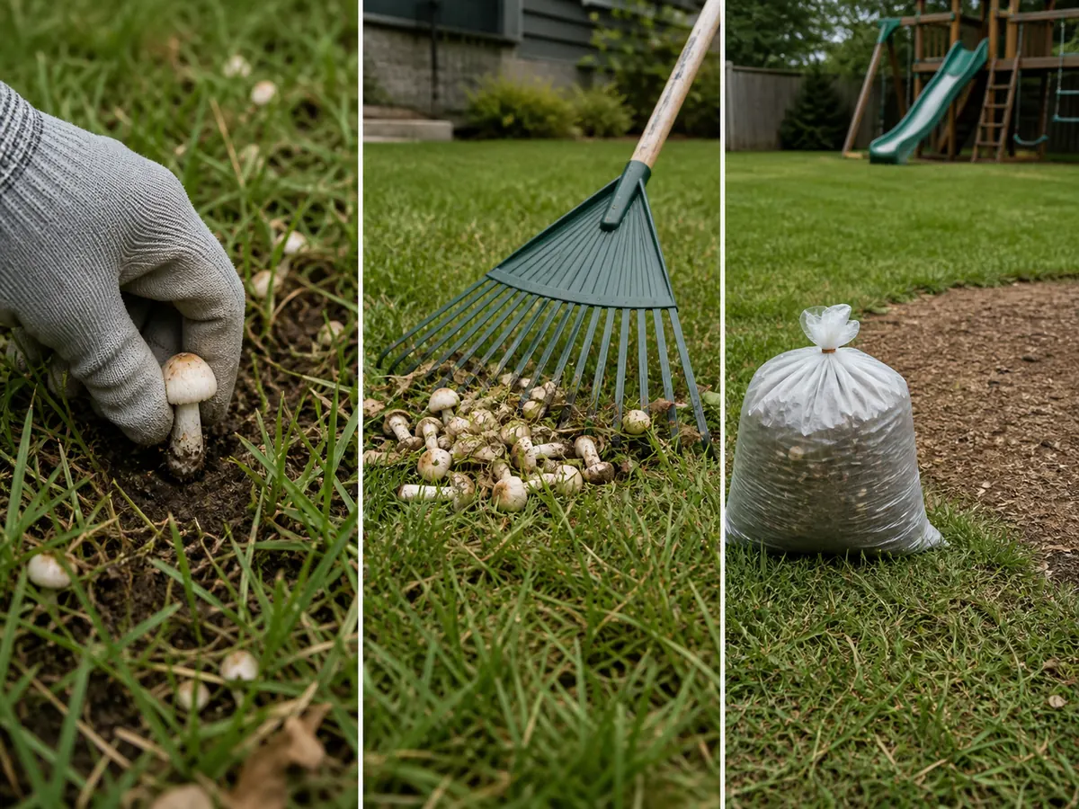 Three-step lawn mushroom removal showing intact collection, bagging, and mowing only after the play area is clear