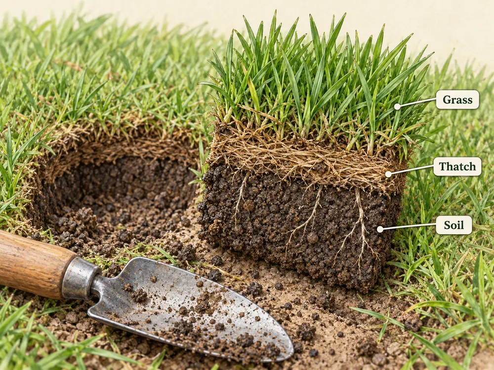 A turf wedge with green blades, a fibrous thatch band and darker mineral soil shown separately