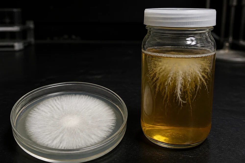 A petri dish of clean white mycelium growing on agar beside a jar of amber liquid culture on a dark bench, both in sharp focus