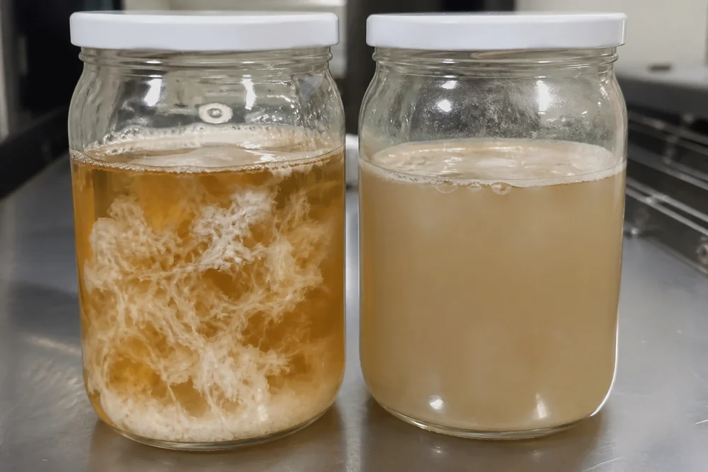 Two glass jars of liquid culture side by side on a bench, the left clear amber with white mycelium clouds and the right cloudy and murky with a film across the surface