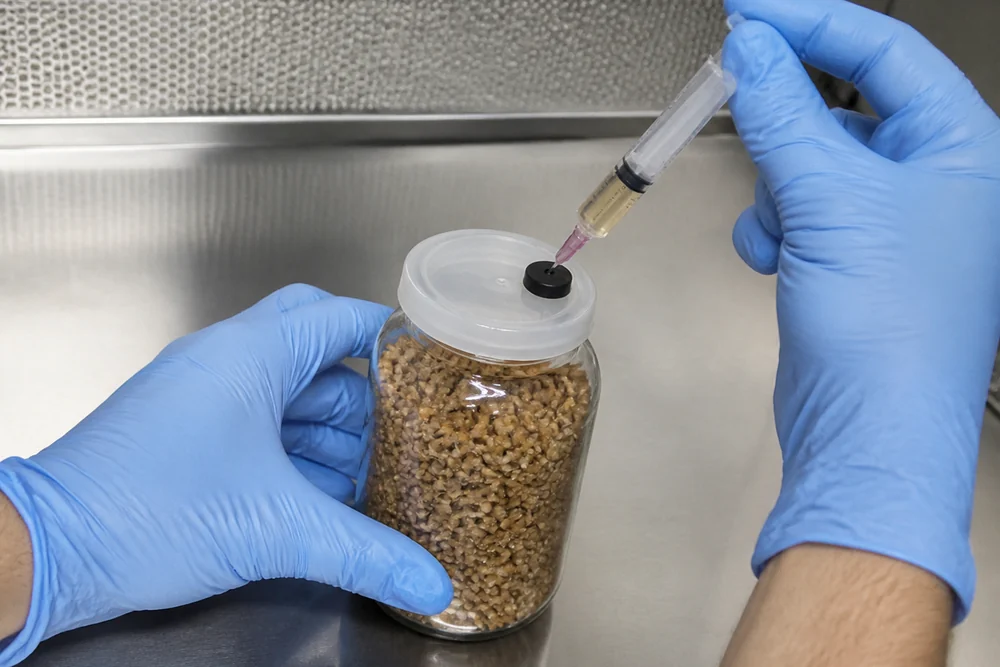 A syringe injecting liquid culture through the port of a jar of sterilized rye grain, the grain filling most of the jar, gloved hands on a clean bench