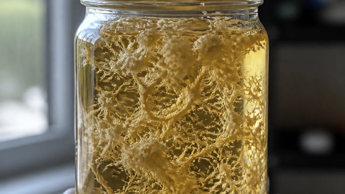 A glass jar of clear amber liquid culture held to the light with white mycelium clouds suspended through it