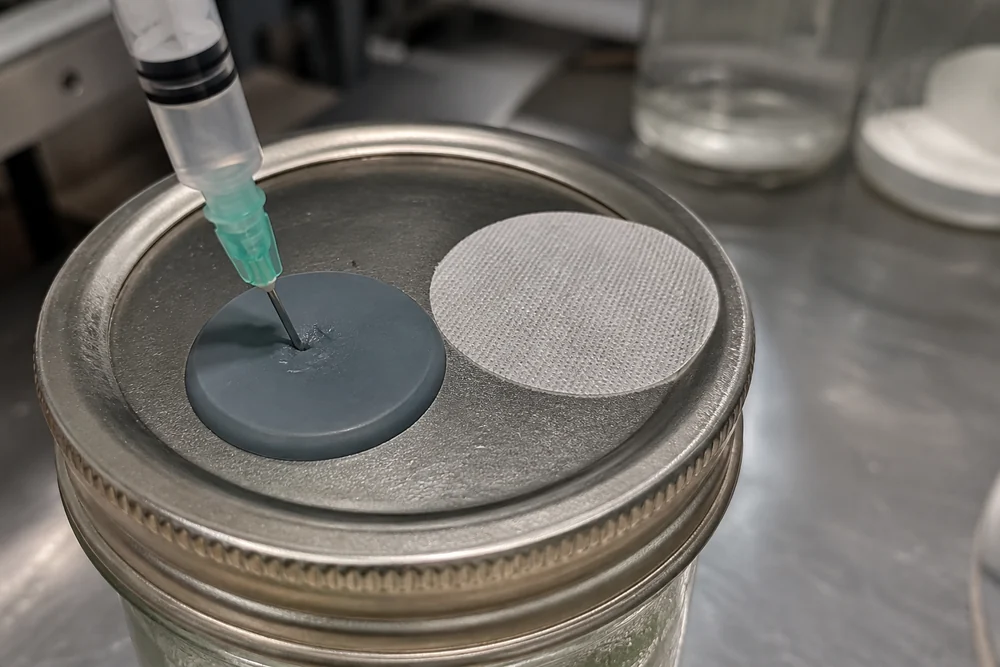 A modified mason jar lid with a self-healing injection port and a filter patch, close detail on the port surface showing needle marks