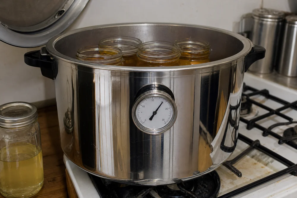 A stainless steel pressure cooker on a stove with its gauge visible and jars of liquid inside before sealing, in a home kitchen