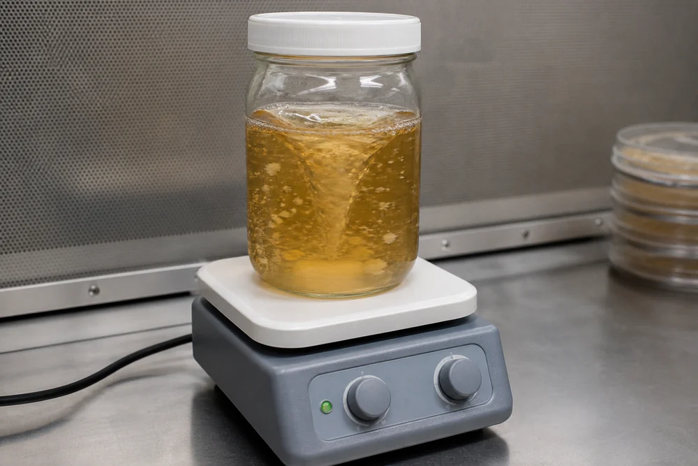 A magnetic stir plate on a bench spinning a jar of amber liquid culture with a visible vortex in the liquid and mycelium breaking apart in it