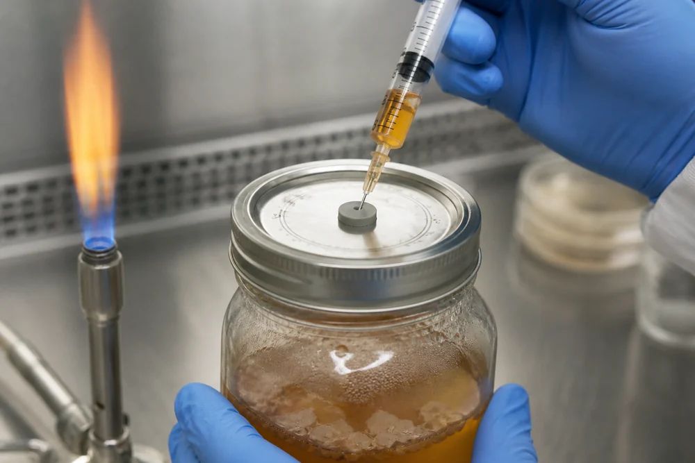 A sterile syringe with a needle drawing amber liquid culture through the injection port of a jar lid, gloved hands with a flame visible to one side