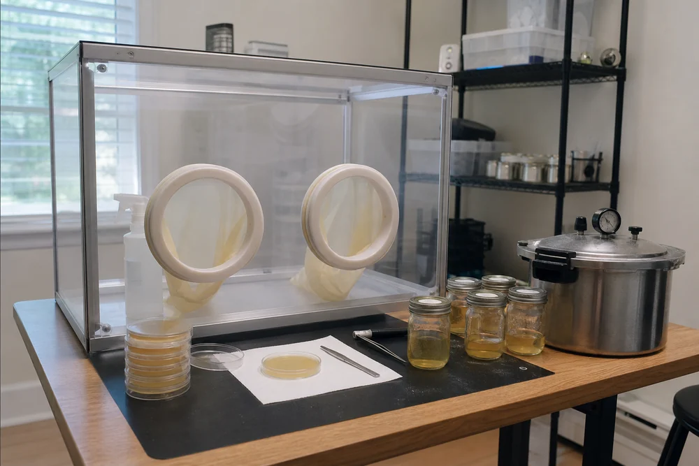 A clean home mycology work area with a still air box, jars of liquid culture, a pressure cooker, agar plates and a scalpel laid out