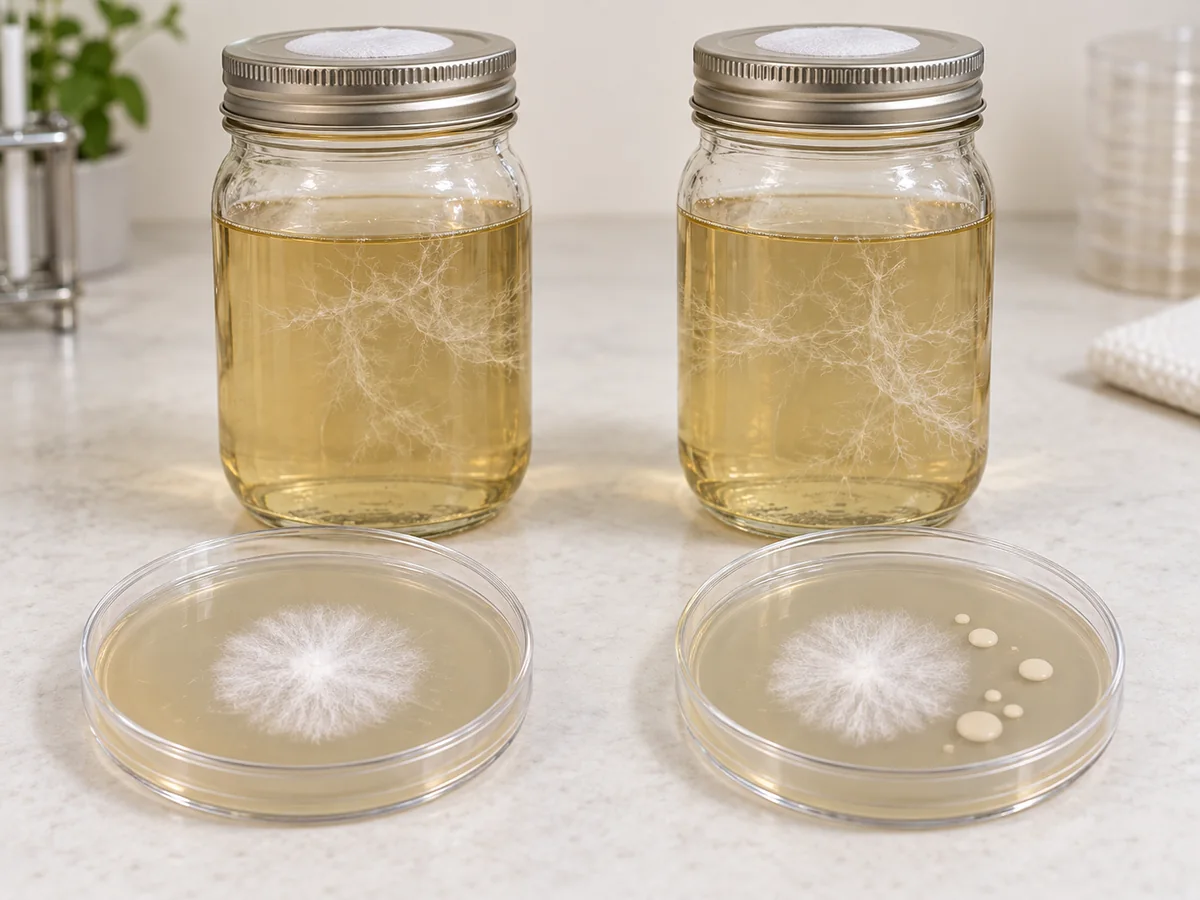Two similarly clear culture jars paired with closed agar dishes showing different growth patterns