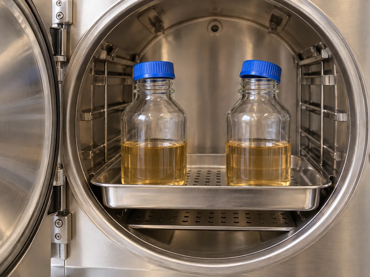 Half-filled laboratory bottles with vented closures spaced apart in a secondary tray before heating