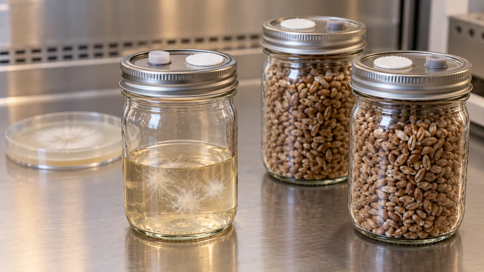 Generated illustration of a liquid mycelium culture beside separate grain jars on a clean bench