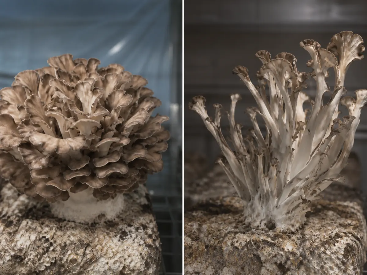 Broad divided maitake fronds beside compact distorted stale-air growth