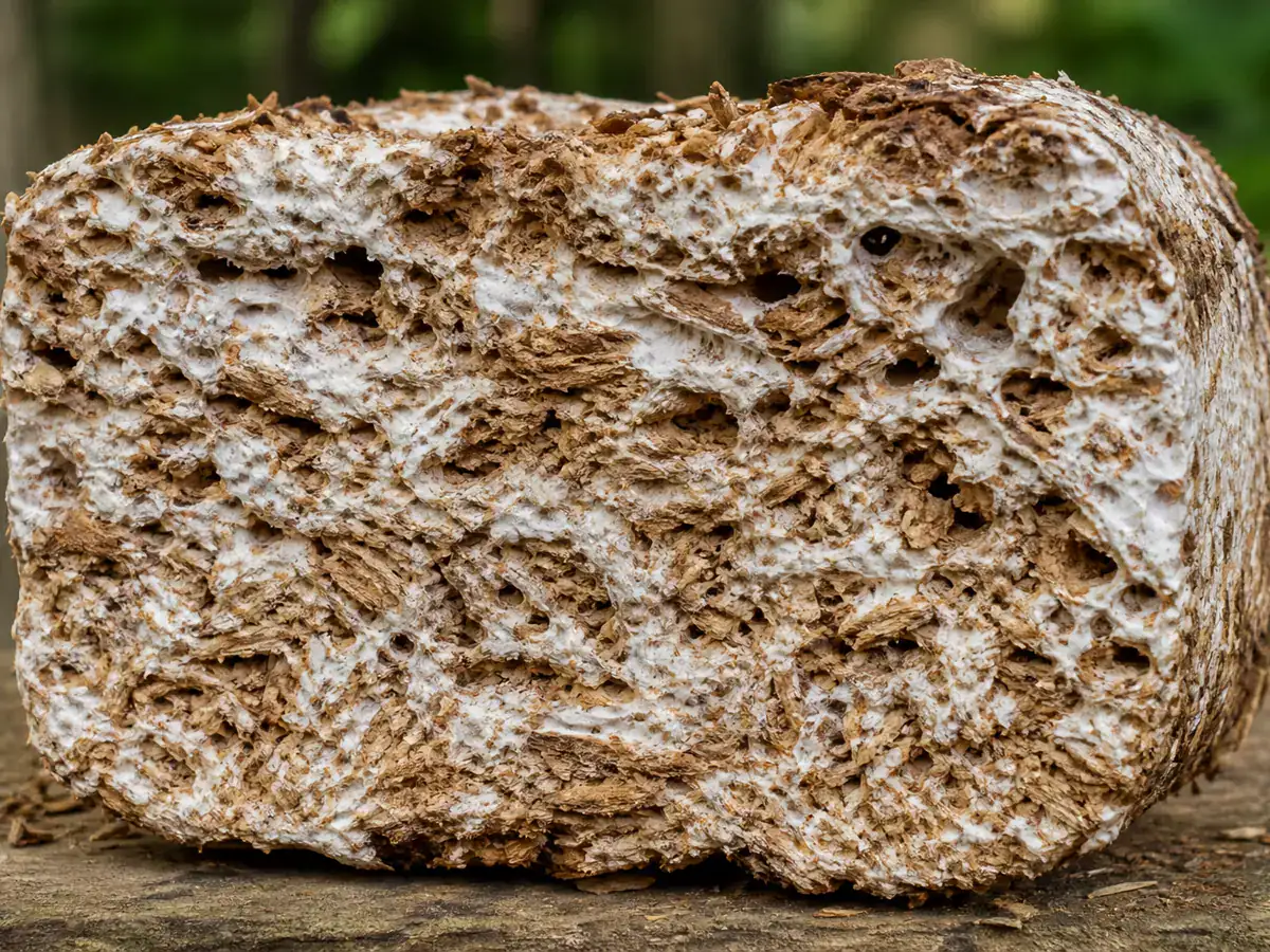 Cross-section of a colonized maitake hardwood substrate block