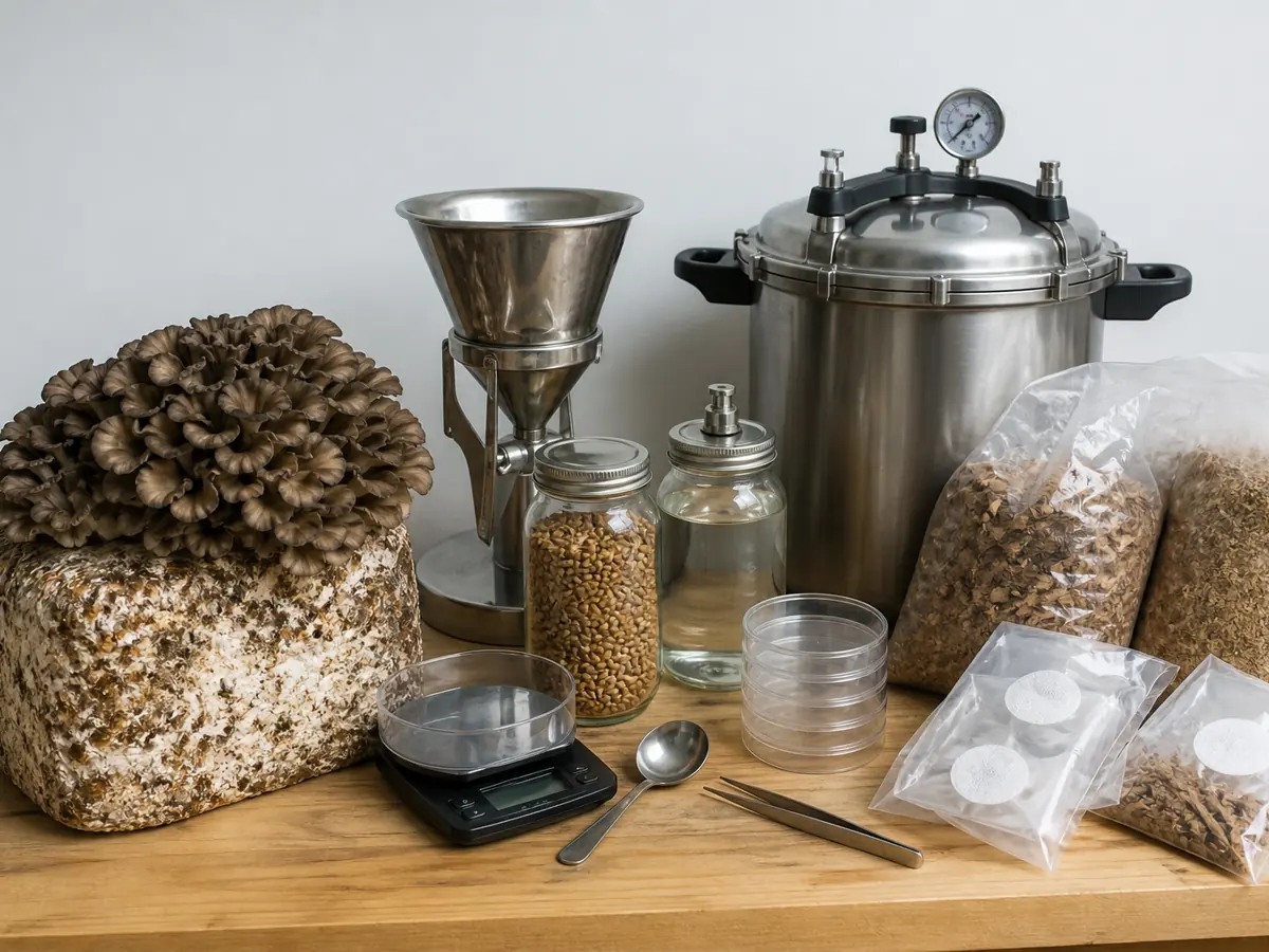 Colonized maitake block beside hardwood bag production equipment
