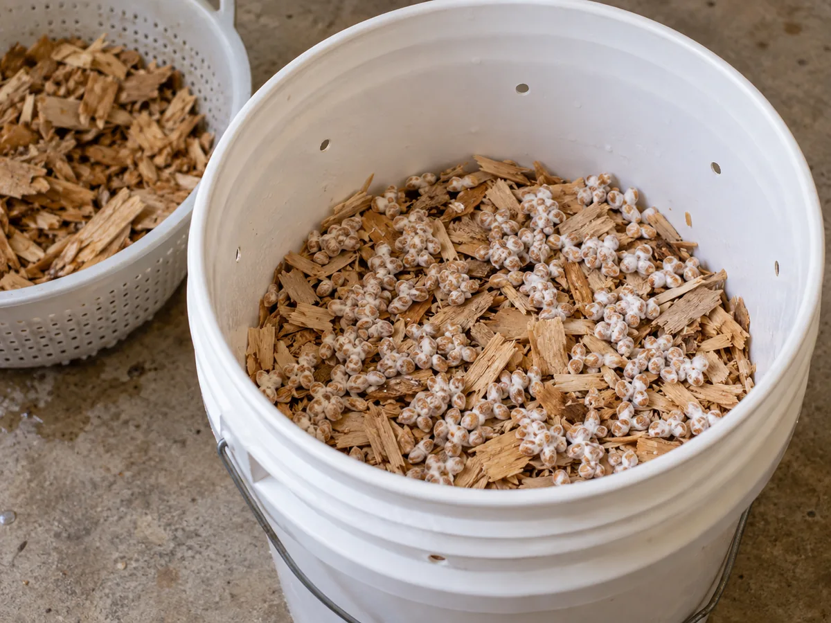 Grain spawn distributed over drained pale hardwood chips in a partly filled bucket