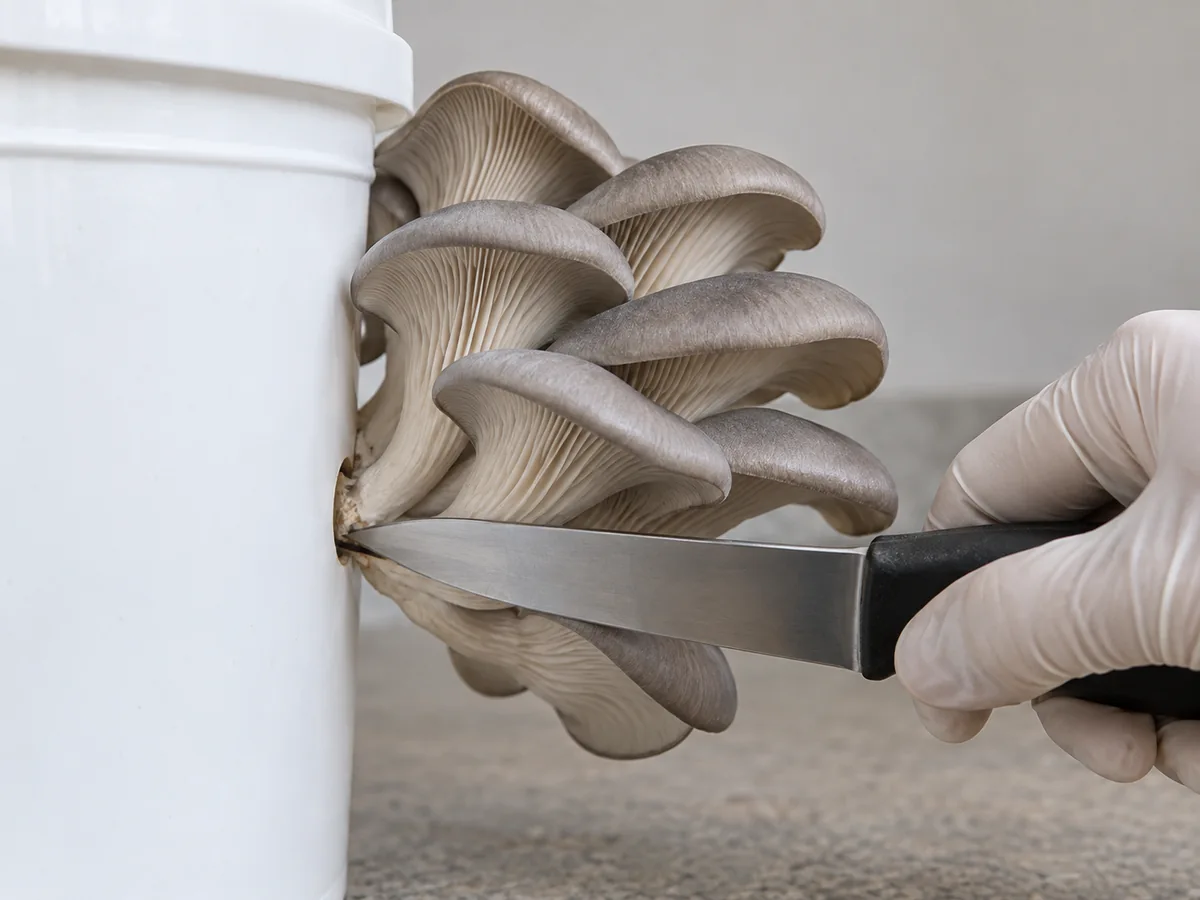 Knife cutting an oyster cluster at its stem base beside a small bucket opening