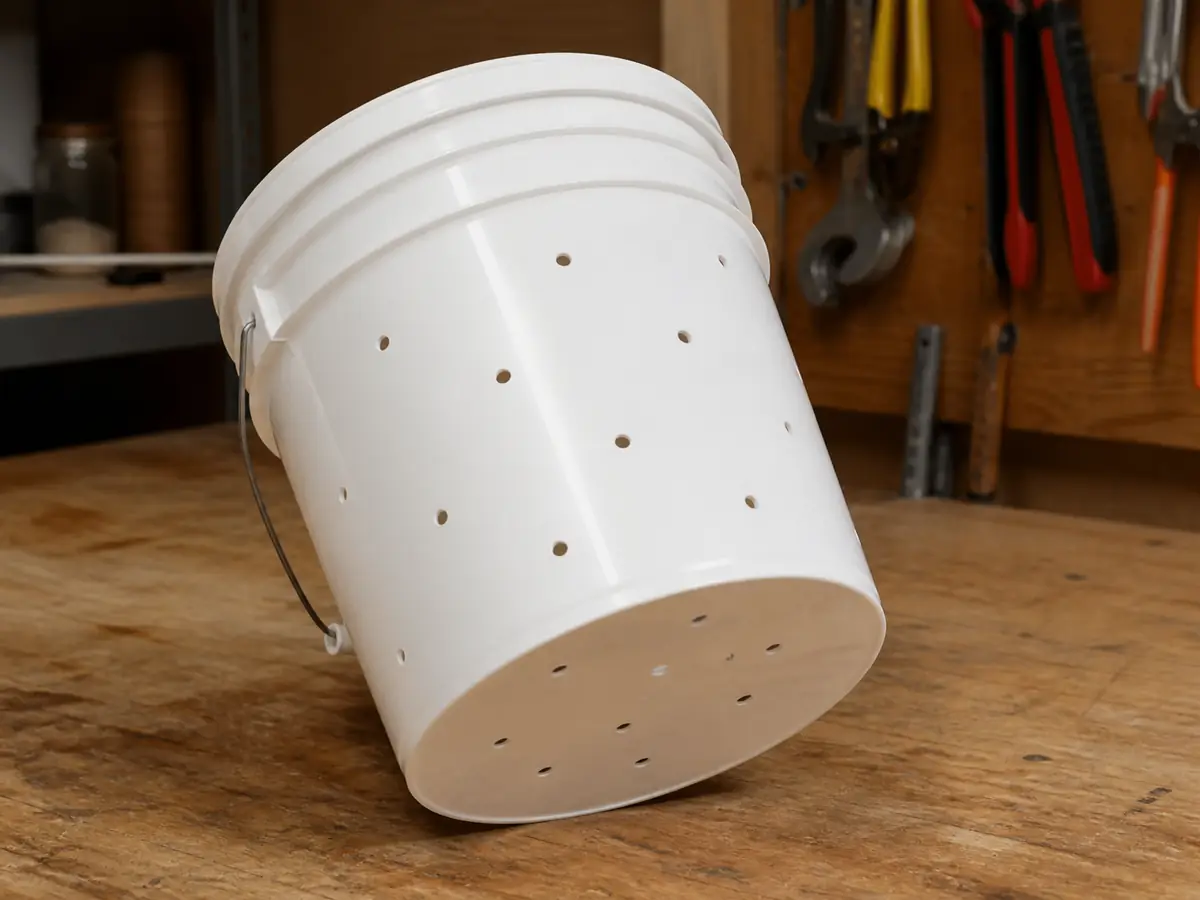 Five-gallon bucket with staggered side-hole marks and smaller drainage holes visible underneath