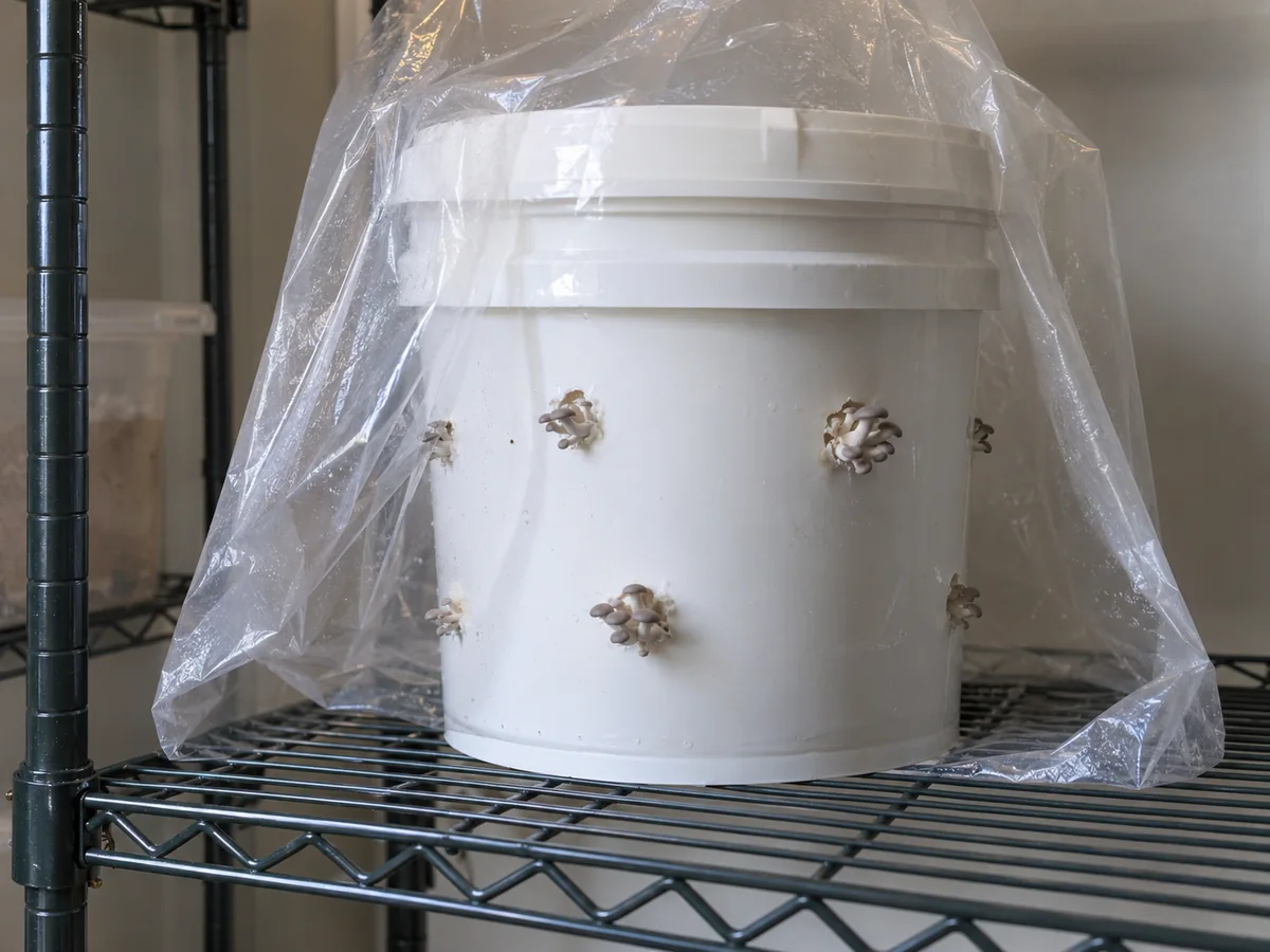 Small oyster pins visible beneath a loose clear bag with an open gap at the bucket base