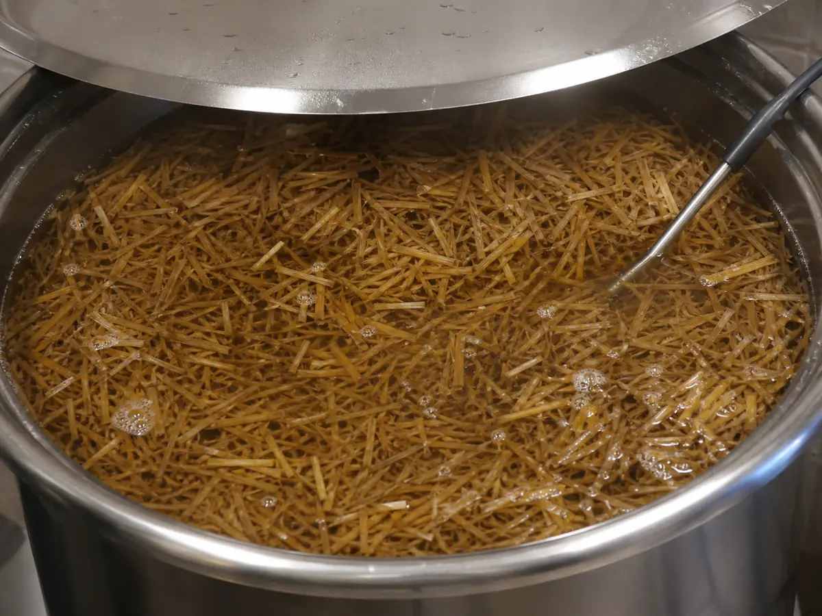 Cut straw submerged in a covered hot-water vessel beside a probe thermometer showing the working temperature