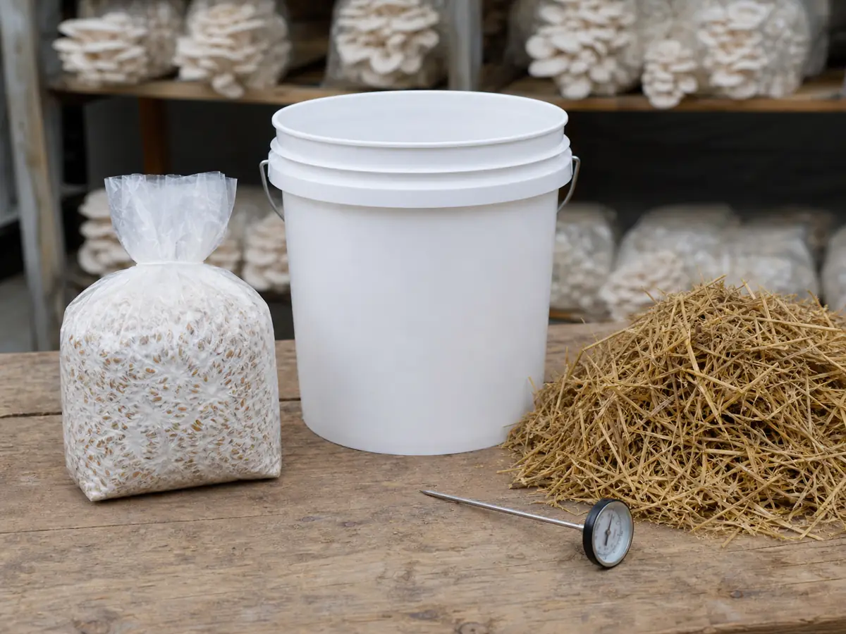 Oyster mushroom spawn, clean five-gallon bucket, straw, thermometer, and humid fruiting shelf arranged as one complete setup