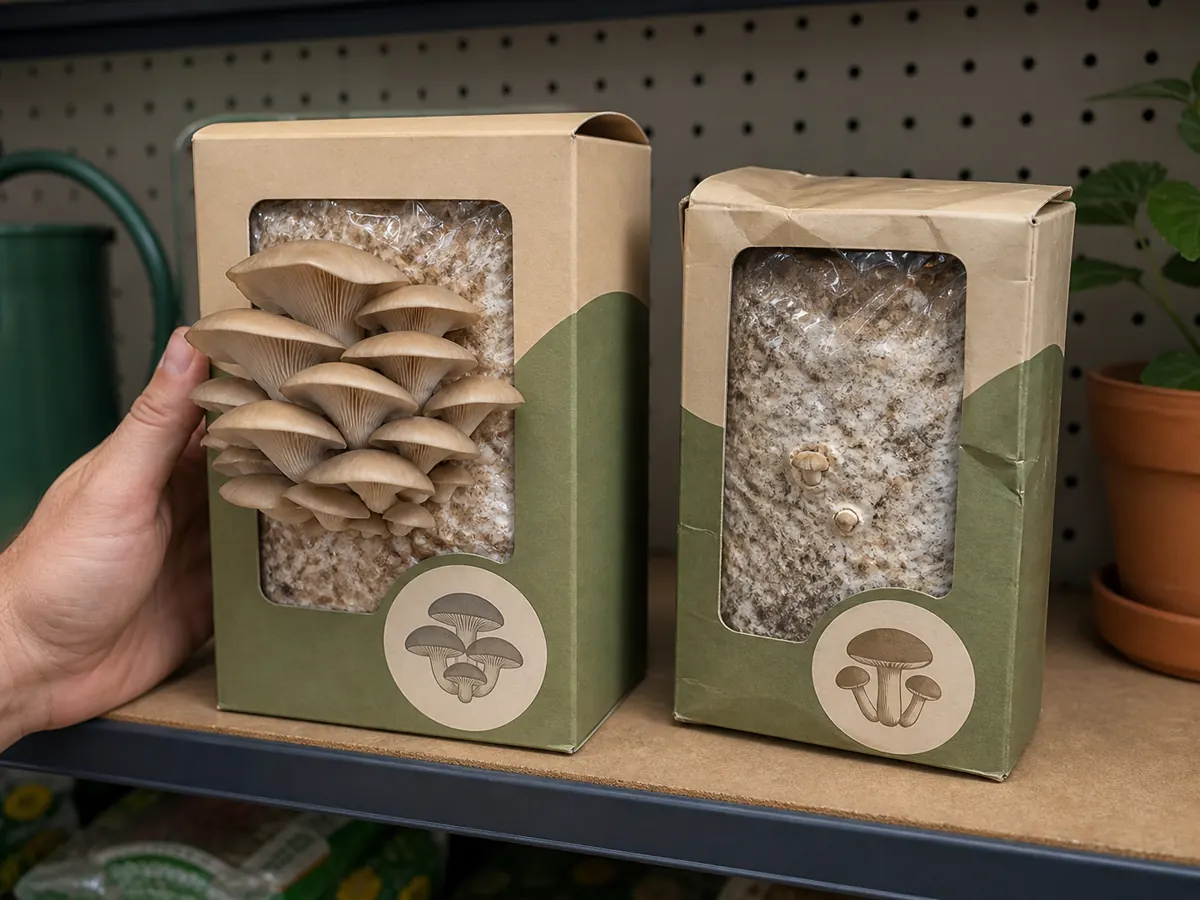 Two mushroom grow kit packages compared for species label, date, instructions, and block condition