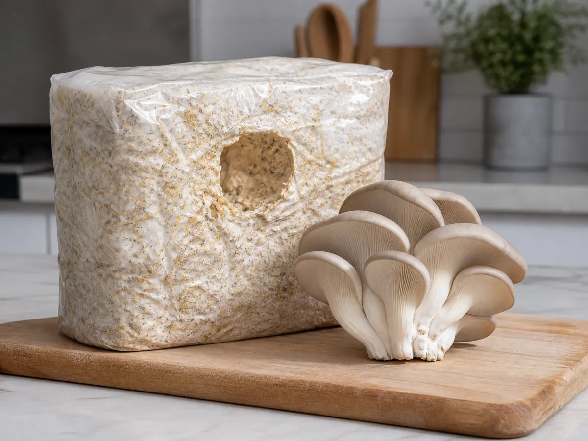 Clean oyster mushroom cluster harvested beside an intact block opening