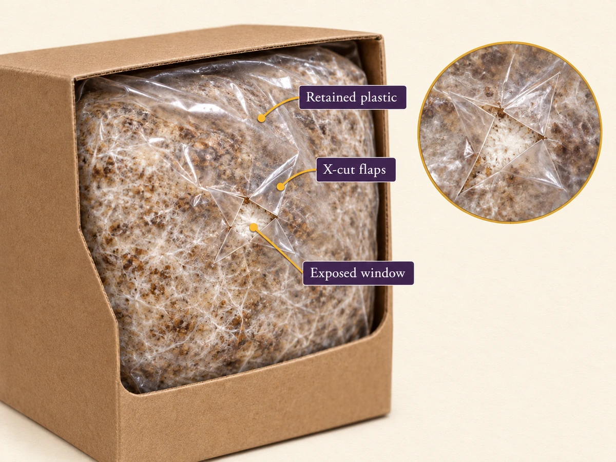 Raster illustration of a mushroom kit with an X cut and retained plastic flaps around a small exposed window