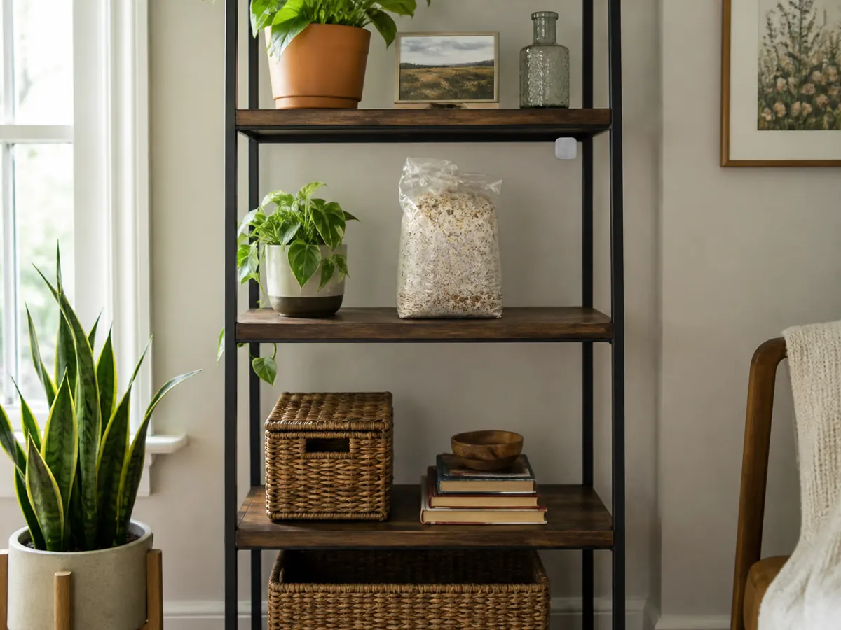 Mushroom kit on an open indoor shelf with indirect light, air clearance, and a nearby sensor