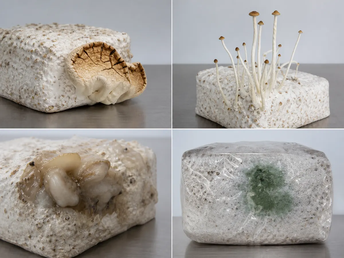 Dry tips, elongated stems, wet decay, and foreign mold shown as separate grow kit warning states