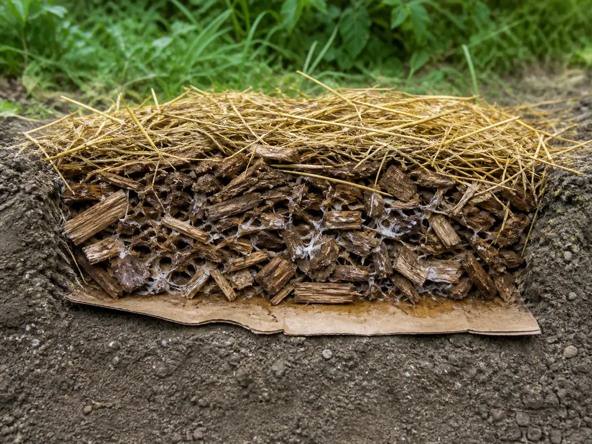 Cutaway of soil, optional cardboard, inoculated hardwood chips, and a thin moisture-holding cover