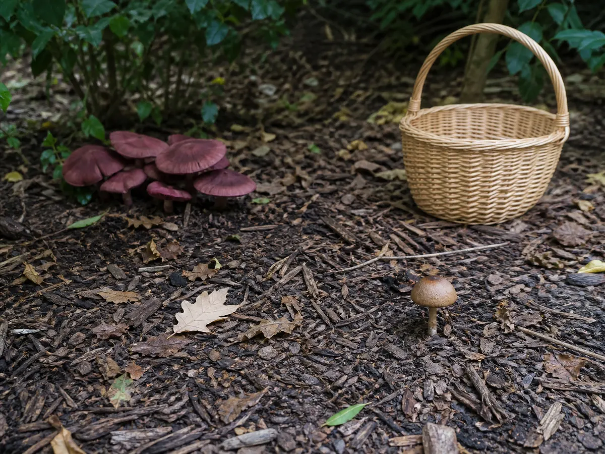 Confirmed wine caps separated from an unidentified small brown mushroom in the same mulched bed
