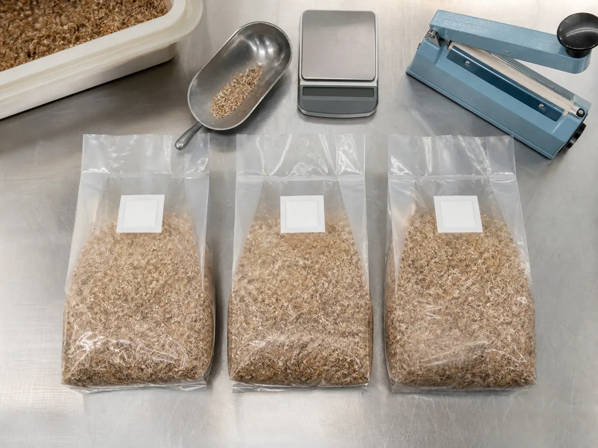 Three evenly filled filter bags arranged with a scale and impulse sealer